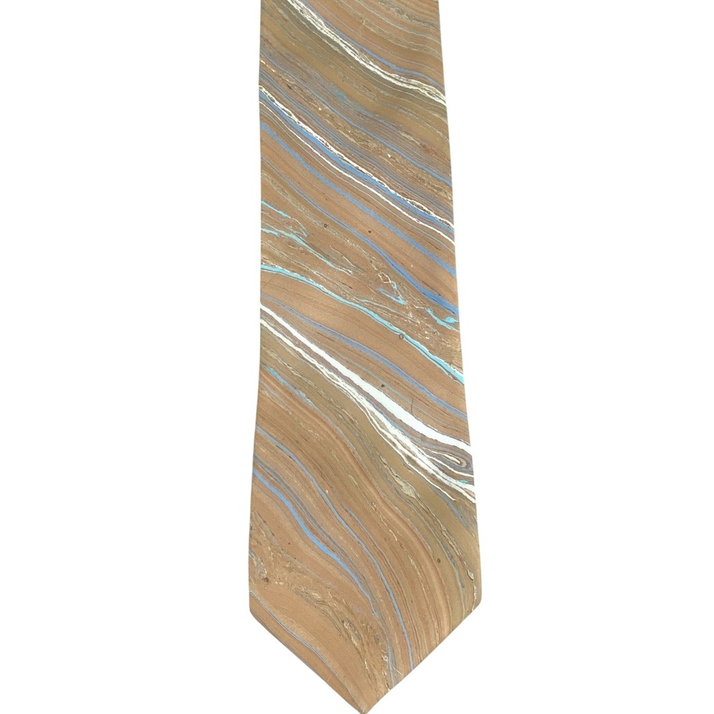 Harmonie Mens Hand Marbled Silk Tie Tan Blue Abstract Swirl Artisan 59.5x3.5